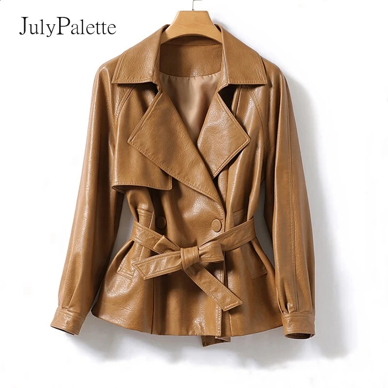 Julypalette genuine leather jacket womens short lace up leather jacket spring office womens real sheepskin coat 240819