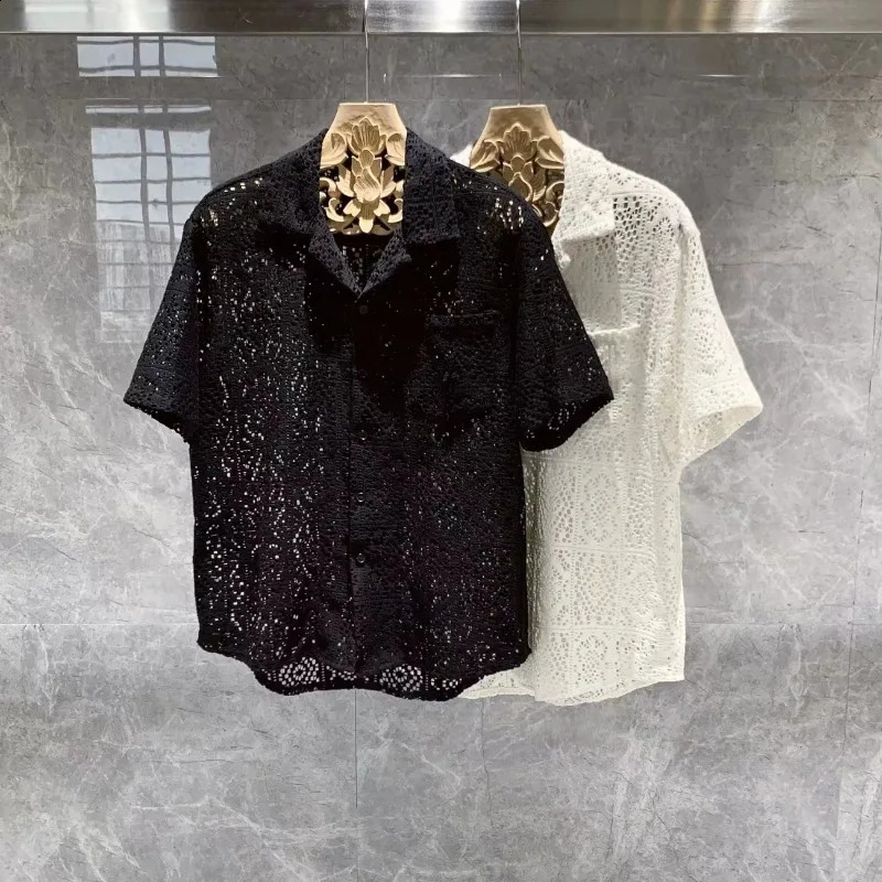 Summer French Hollow Lace Short-sleeved Shirt Mens Thin Simple Retro Minority Ascetic Shirt 240816