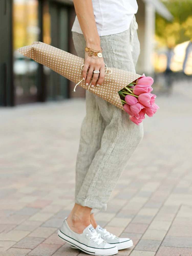 Women Cotton Linen Wide Leg Pants Summer Female Elastic Waist Drawstring Solid Loose Trousers JYFS-1616 240816