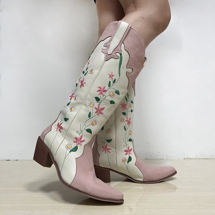 IPPEUM Cowgirl Boots Pink Flower Embroidered Knee Shoes For Women Mid Calf Western Botas Cowboy Mujer Fashion