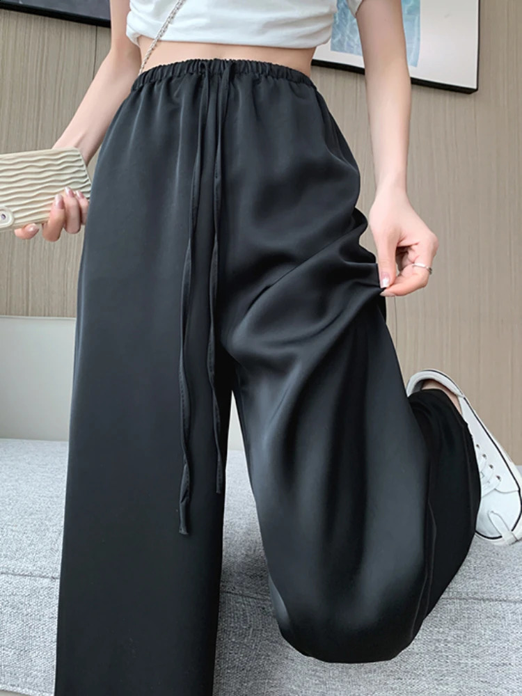 Womens Wide Leg Pants Summer Ice Silk Straight Trousers High Waist Ladies Casual Loose Satin Soft Full-length Pants for Women 240816