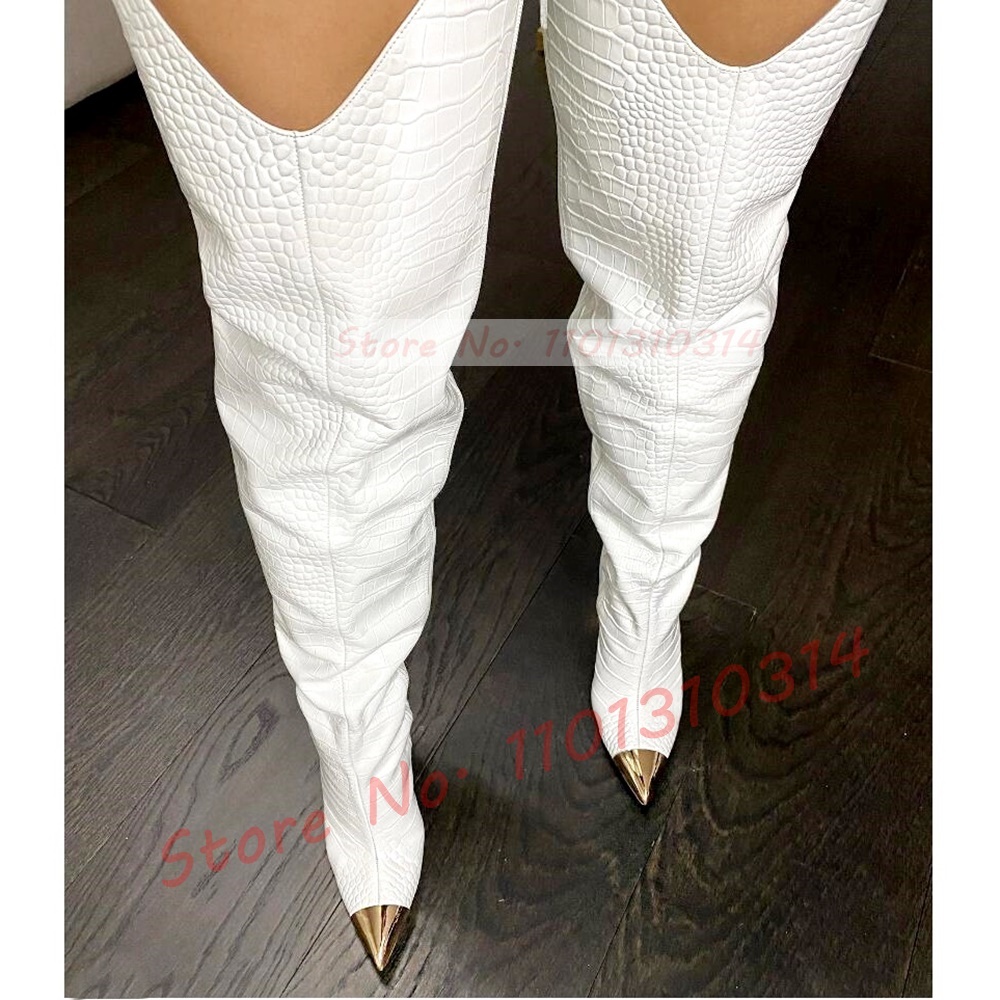 Pointy Toe Croc Long Women Sexy Leather Splicing Gold Thick Heels Zipper Boots Ladies Winter Thigh High Shoes