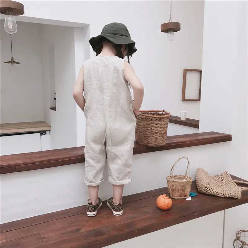 2024 summer new unisex childrens all inclusive Korean style linen sleeveless baby boy and girl jumpsuit childrens clothing casual Trouser W240806