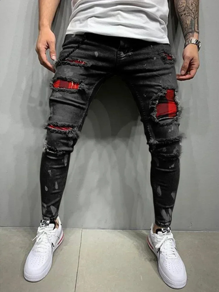Men Biker Slim Elastic Denim Cargo Pants Joggers High Quality Hole European and American Fashion Streetwear Ripped Skinny Jeans