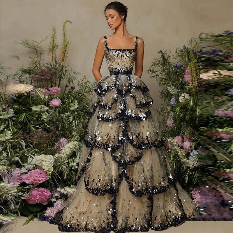 2024 Dubai Evening Dresses Sparkly Square Neck Sequin Tiered Ruffles Prom Birthday Gowns Gala Robe Soiree Vestidos De Feast Custom Made