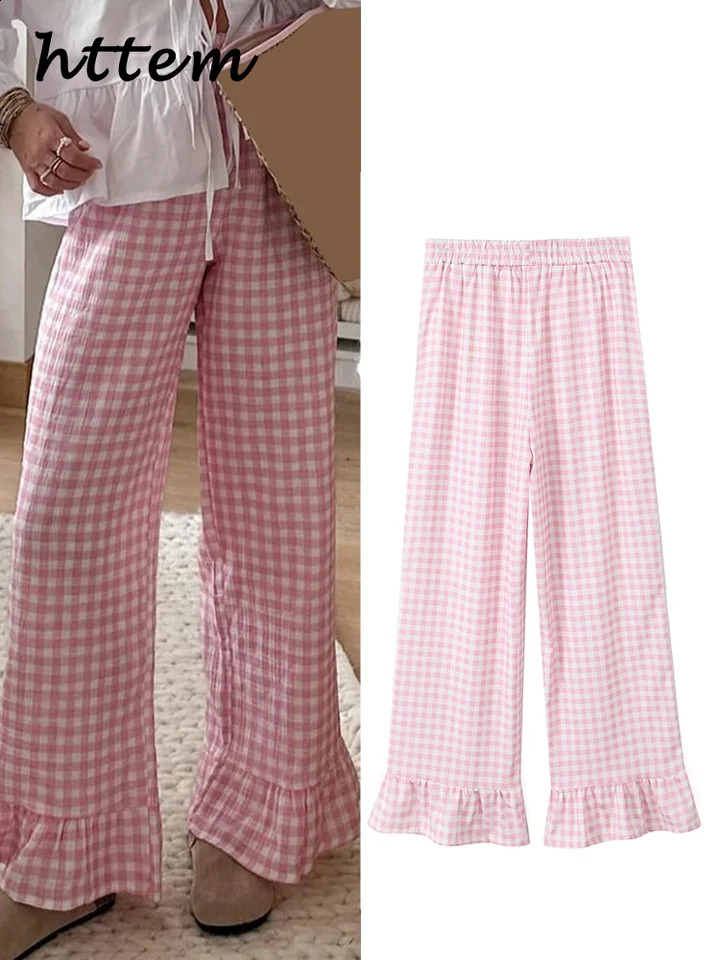 Casual Plaid Ruffles Edge Flare Pants Women Elastic High Waist Wide Leg Female Trouser 2024 Spring Summer Fashion All-match Pant 240816
