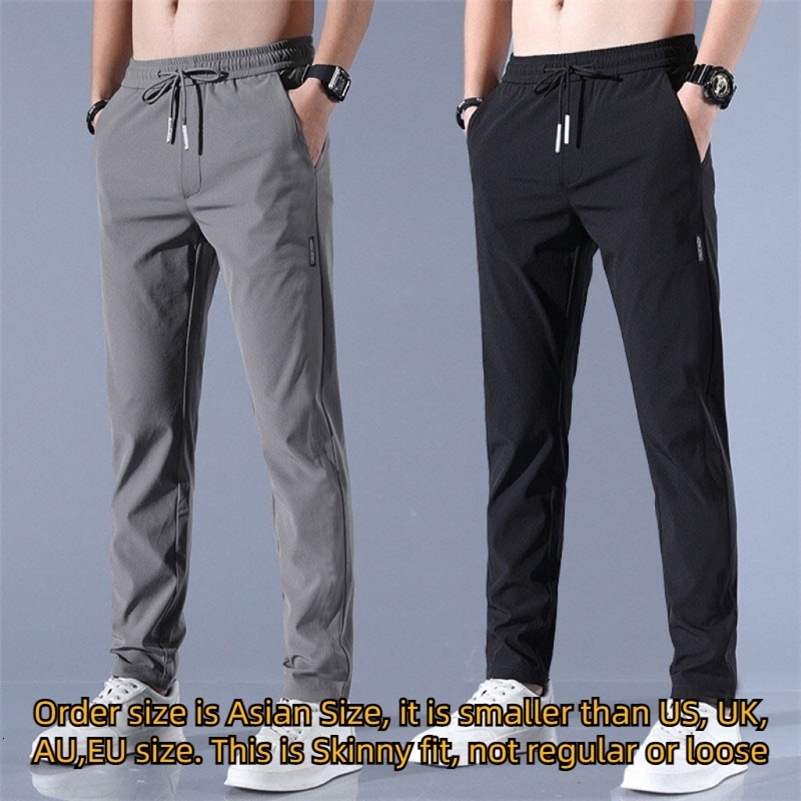 Ice Silk Mens Pants 2024 Summer Black Gray Thin Business Casual Pants Outdoor Elastic Breathable Straight Leg Sweatpants 240816
