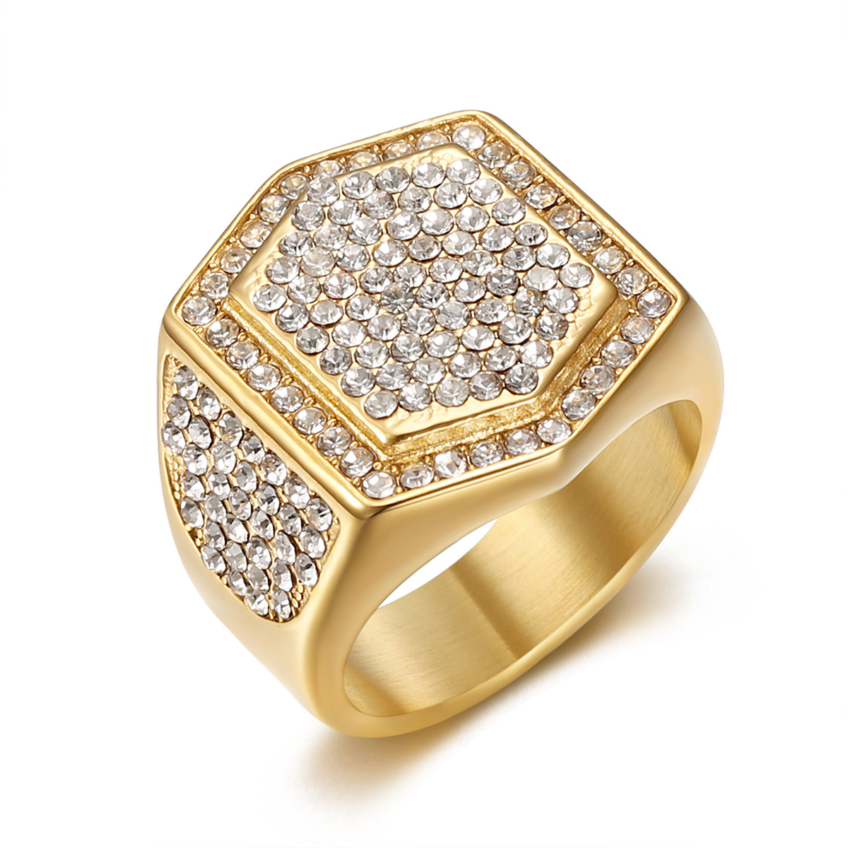 Hip Hop 316LStainless Steel Hexagon Ring Titanium Steel Gold Plated Mens Jewelry