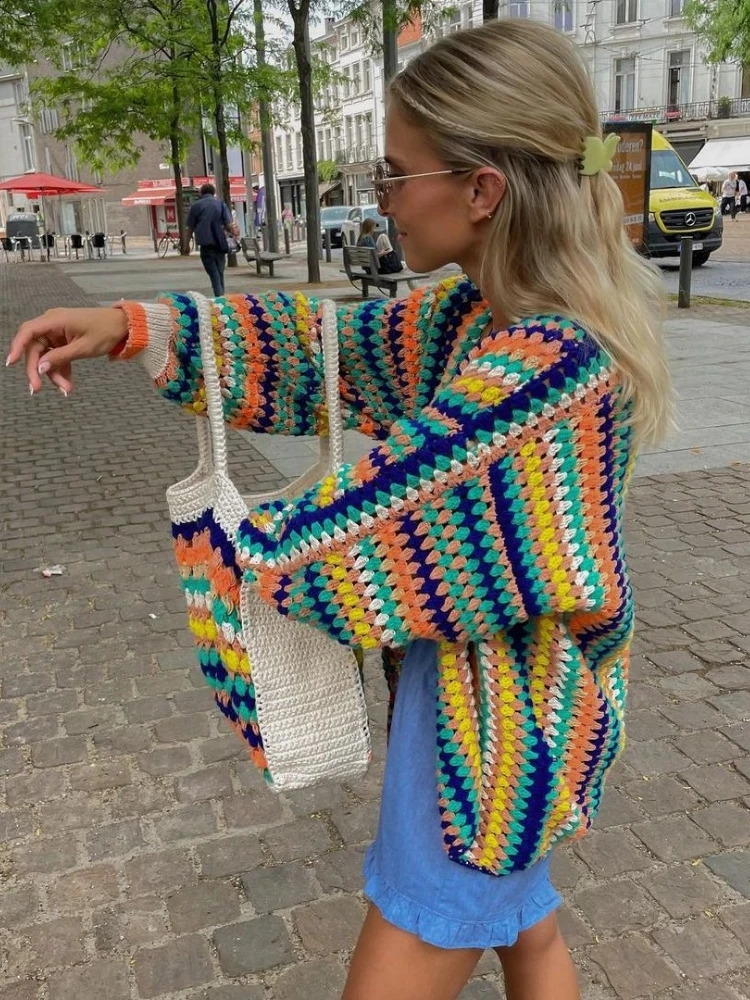 Vintage Colorful Striped Knitted Cardigan Women Sweater Long Sleeve Tops Streetwear Coats Harajuku Autumn Jackets Women Clothing 240813