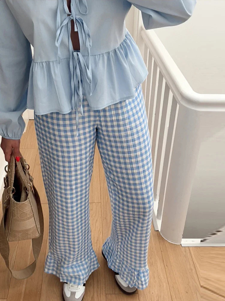 Casual Plaid Ruffles Edge Flare Pants Women Elastic High Waist Wide Leg Female Trouser 2024 Spring Summer Fashion All-match Pant 240816