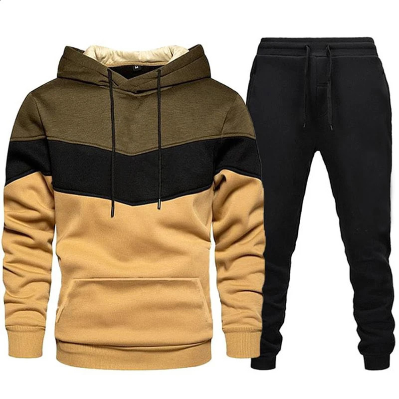 Autumn Winter Fashion Tracksuit Tricolor Hoodies and Black Sweatpants High Quality Male Daily Casual Sports Hooded Jogging Suit 240819