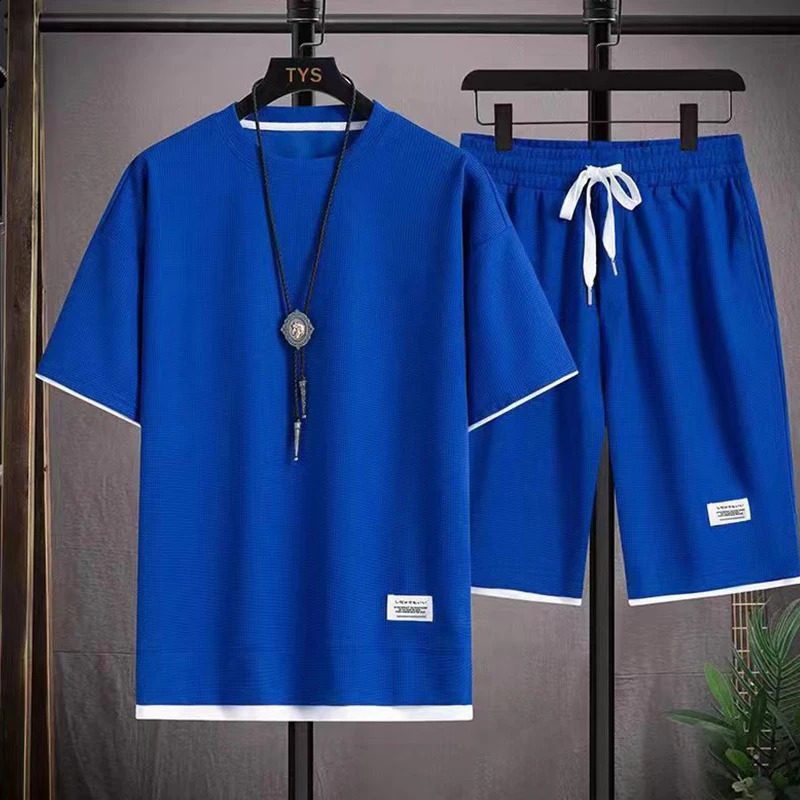 2024 Hawaii Beach Suit Solid color Short sleeve elastic shorts Daily casual sportswear Waffle Fabric Fashion 2-piece S-3XL 240816