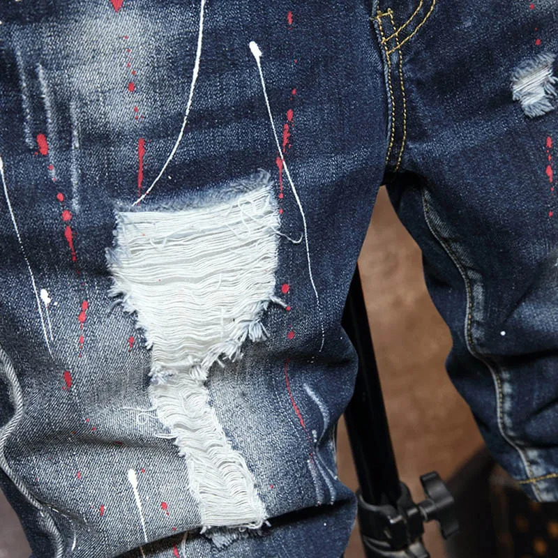 Summer Cotton Shorts Plus Size 28-40 Patchwork Denim Pants Streetwear Stacked Mens Ripped Short Graffiti Painted Jeans 240819