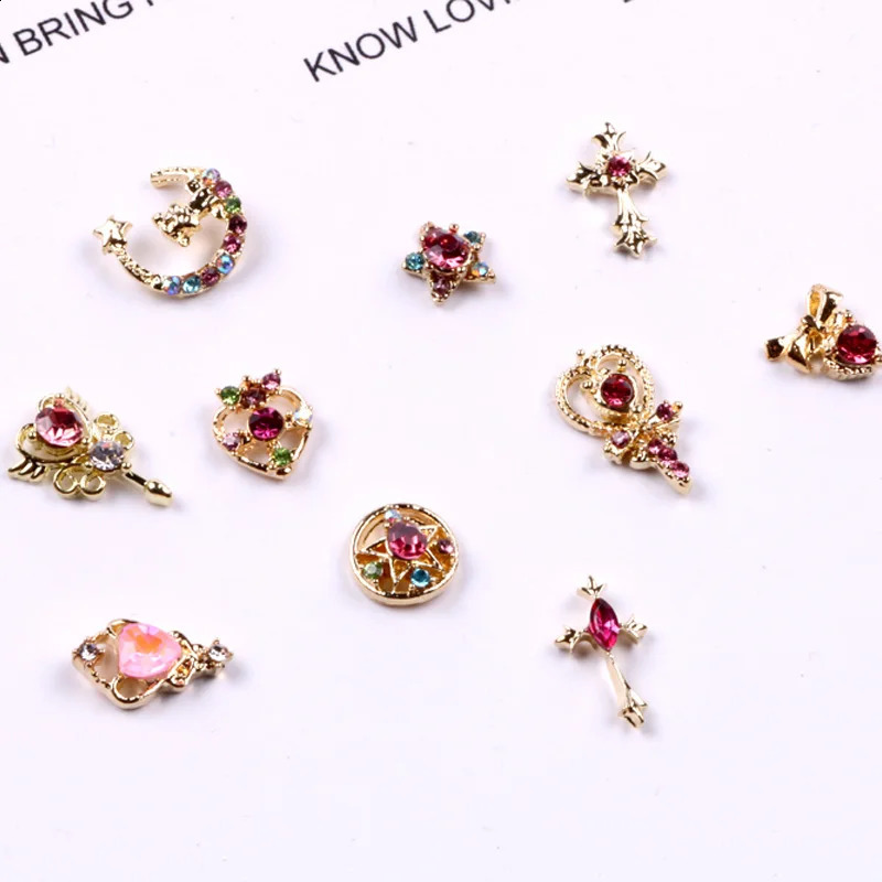 10pcs Nail Art Alloy Rhinestones Decorations Moon Magic Wand Various Shape Nail Charms Jewelry Shiny Strass Accessories 240814