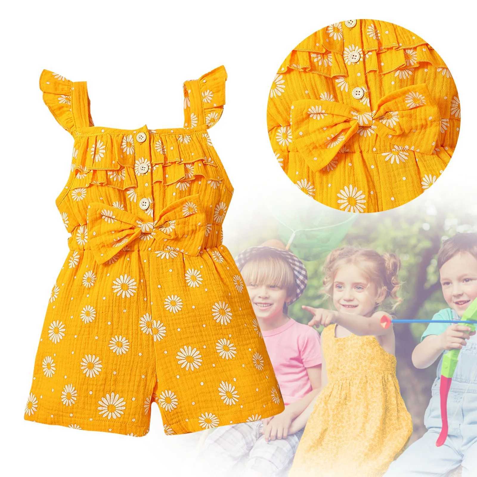 Sun Flower Small Flying Sleeve Yellow Bow Summer Jumpsuit Girls Sut Baby Summer Dress W240806