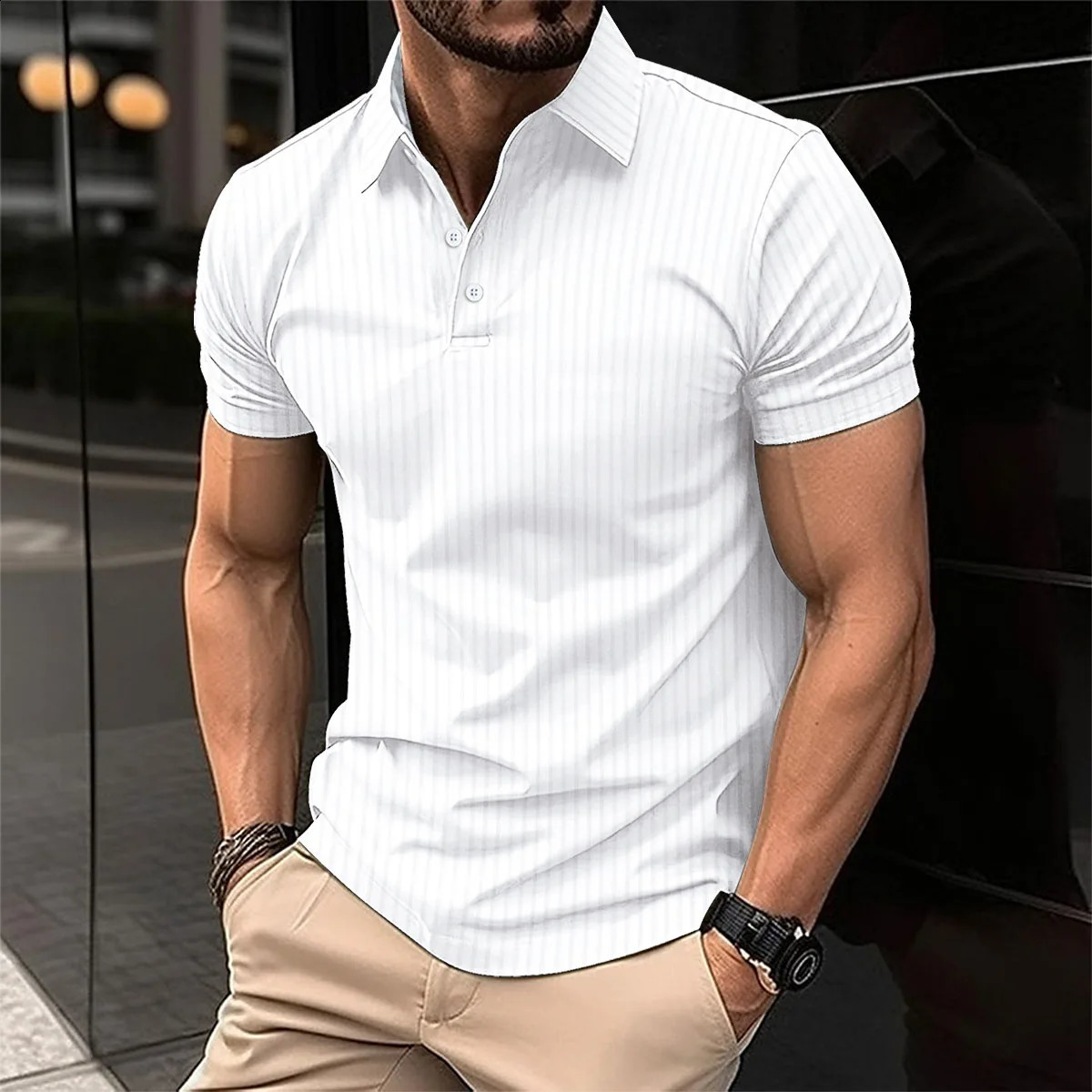 Summer mens polo shirt solid color button short sleeve striped lapel T-shirt casual breathable top mens wear Color Black S-3XL 240816