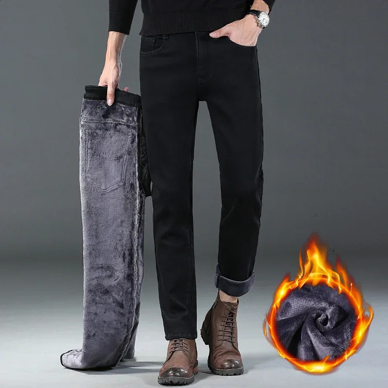 2024 Men Winter Warm Black Straight Thcik Fleece Jeans Fashion Casual Baggy Classic Style Solid Denim Trousers Male Clothing 240816