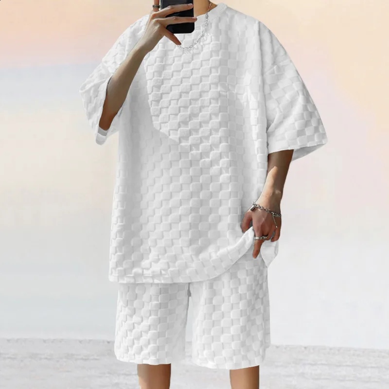 Summer Fashion Shorts 2pcs Set Checkered Loose Two-piece Sports Leisure Suit Short Sleeve T-shirt Shorts Casual Plus Size Suit 240816
