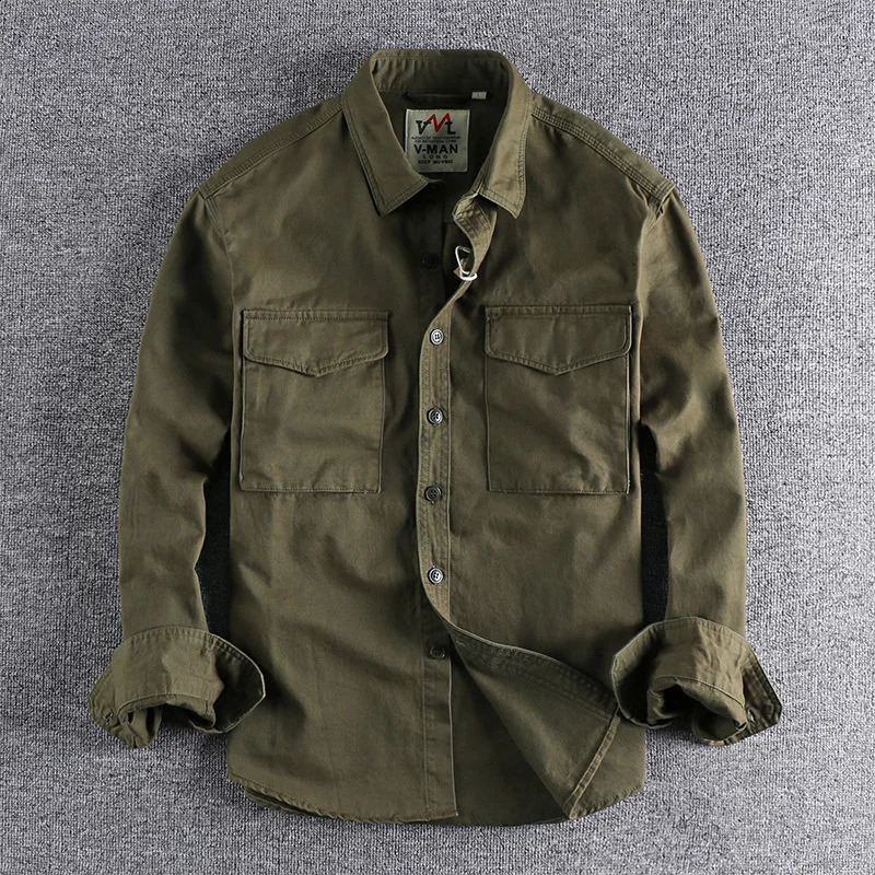 Retro Male Cargo Shirt Jacket Canvas Cotton Casual Work Safari Style Shirts Mens Top Clothing