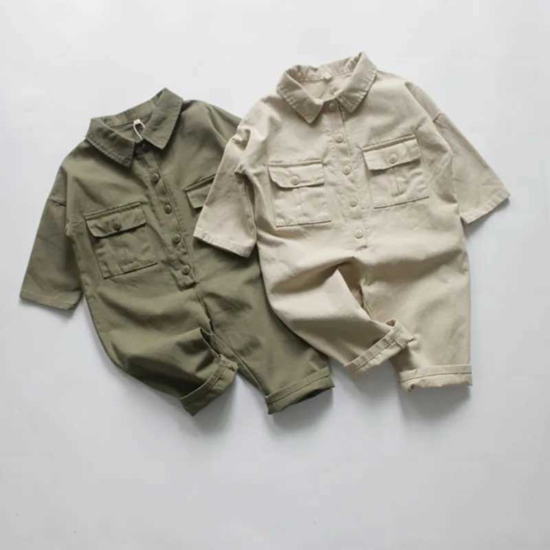 Autumn New Korean Style unisex childrens long sleeved solid color pocket toddler jumpsuit W240806