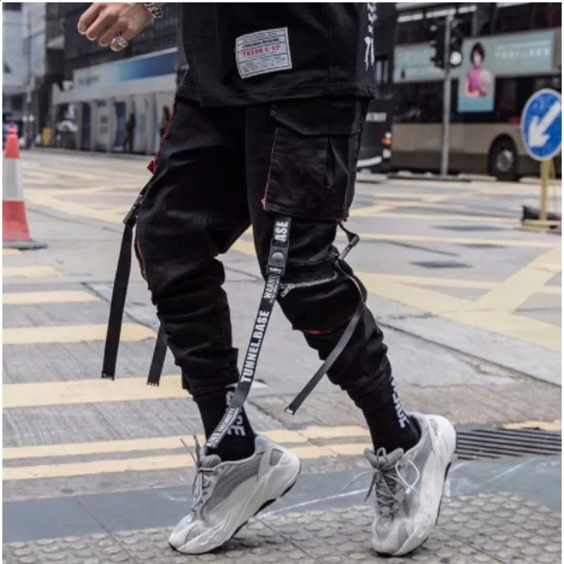 Mens Cargo Pants Casual Hip Hop Hit Color Multiple Pockets Trousers Streetwear Ribbons 240819