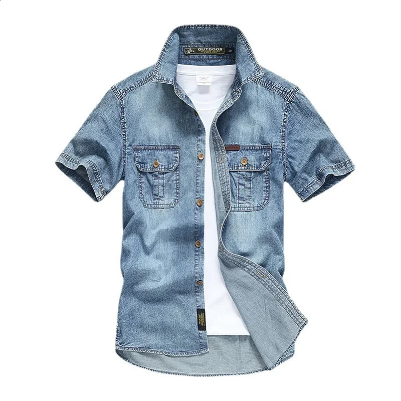Men Multi pockets Denim Tooling Shirts Summer Short Sleeve Blue Jeans Shirts High Quality Men Cotton Casual Shirts Size 5XL 240816