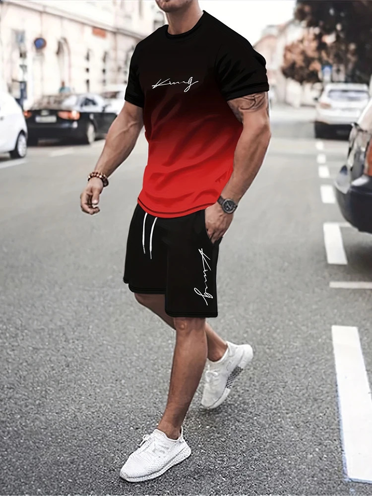 2024 Summer Mens Casual Suit Street Fashion Loose and Comfortable T-Shirt Outdoor Sports Running Shorts Novel Text Printing 240816