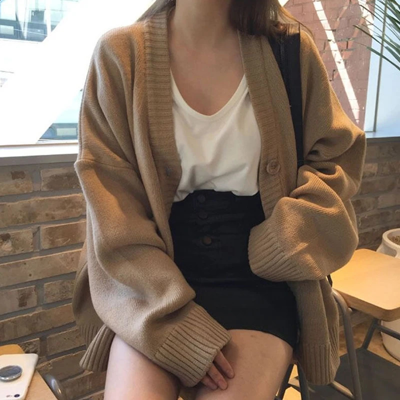 Autumn Womens Sweater Fashion Vintage Knitted Cardigan Korean Loose Solid Sweaters Female 240819