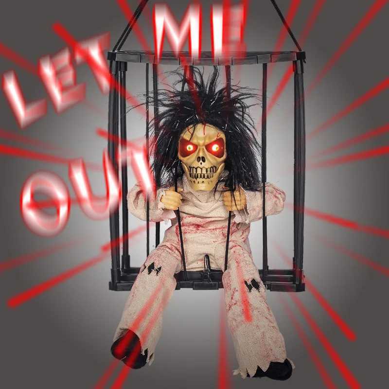 Halloween Scary Skeleton Prisoner Talking Let Me Out With Light Animatronic Prank Speaking Props Hangable Ghost Halloween Decor CL240819