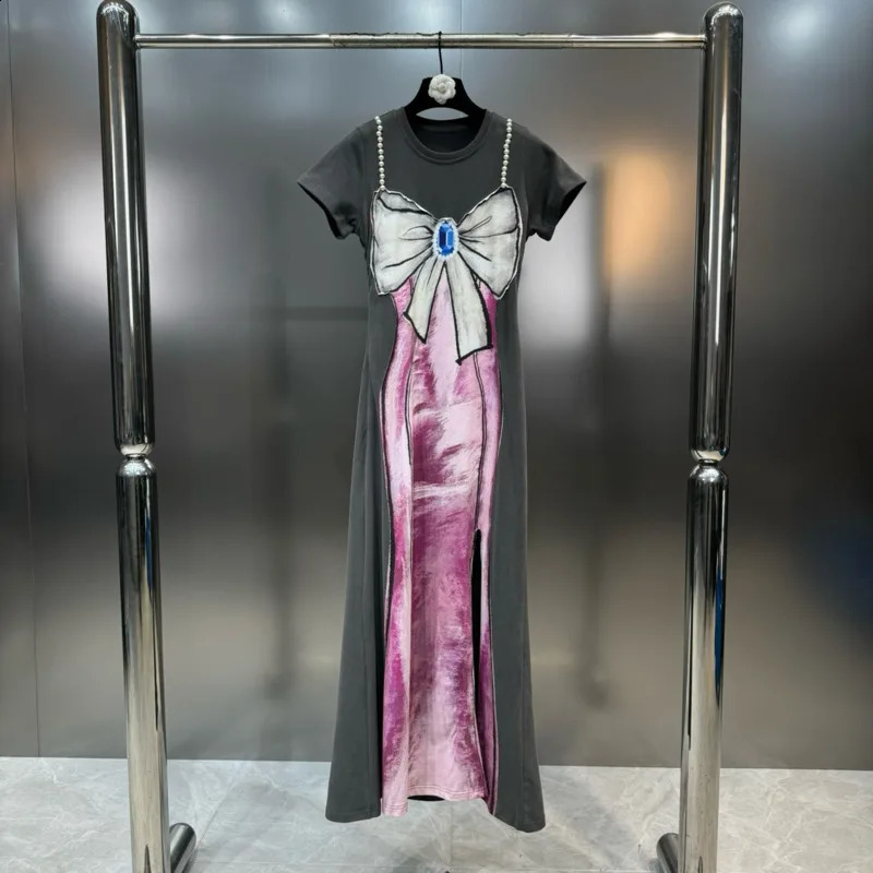 PREPOMP Spring Summer Arrival Short Sleeve Pearls Bow Print Distressed Long Dress Women GP331 240819