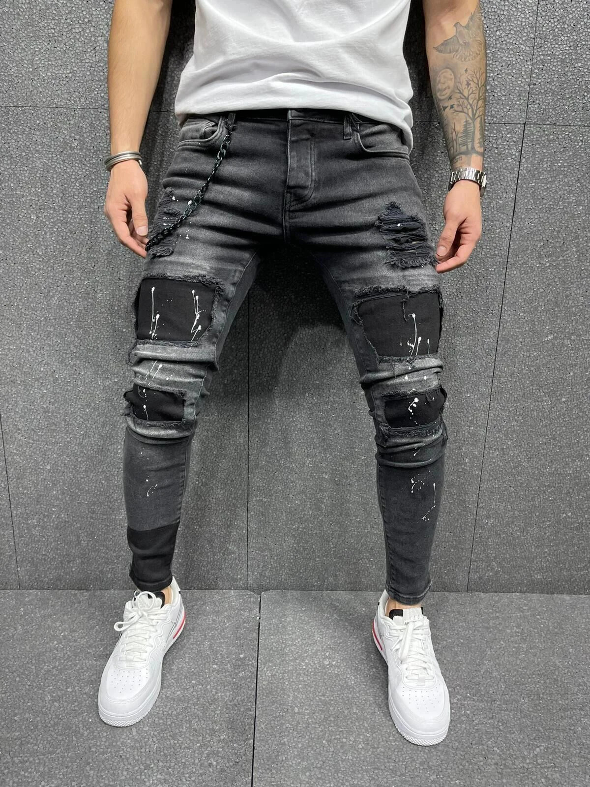 Y2k Mens ripped skinny style Black Ripped Slim High quality Pencil Biker zipper jeans Hip hop pants 240819