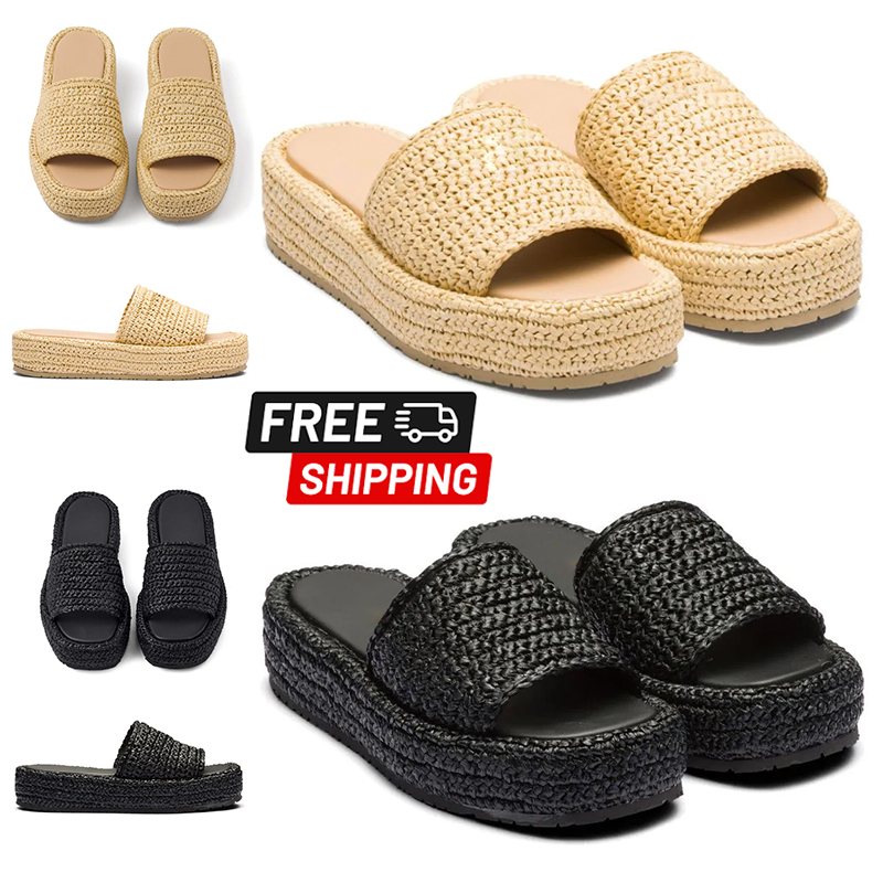free shipping women designer sandals trendy slides platform woven fabric black netural pink brown womens ladies flat sliders summer outdoor beach