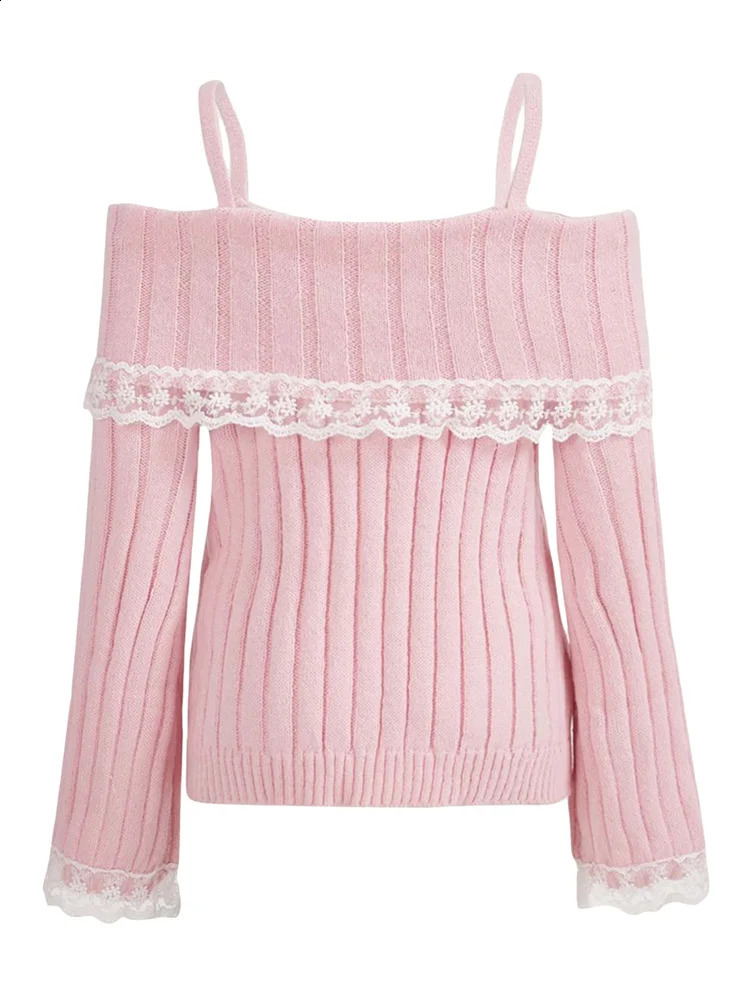 CHRONSTYLE Women Off Shoulder Sweaters Long Sleeve Lace Patchwork Knitted Ribbed Pullovers Front Bow Jumpers Top Streetwear 240819
