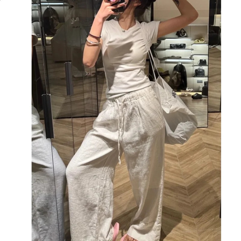 Deeptown White Basic Linen Women Pants Elastic Waist Harajuku Korean Fashion Baggy Trousers Female Thin Oversized Casual Summer 240816