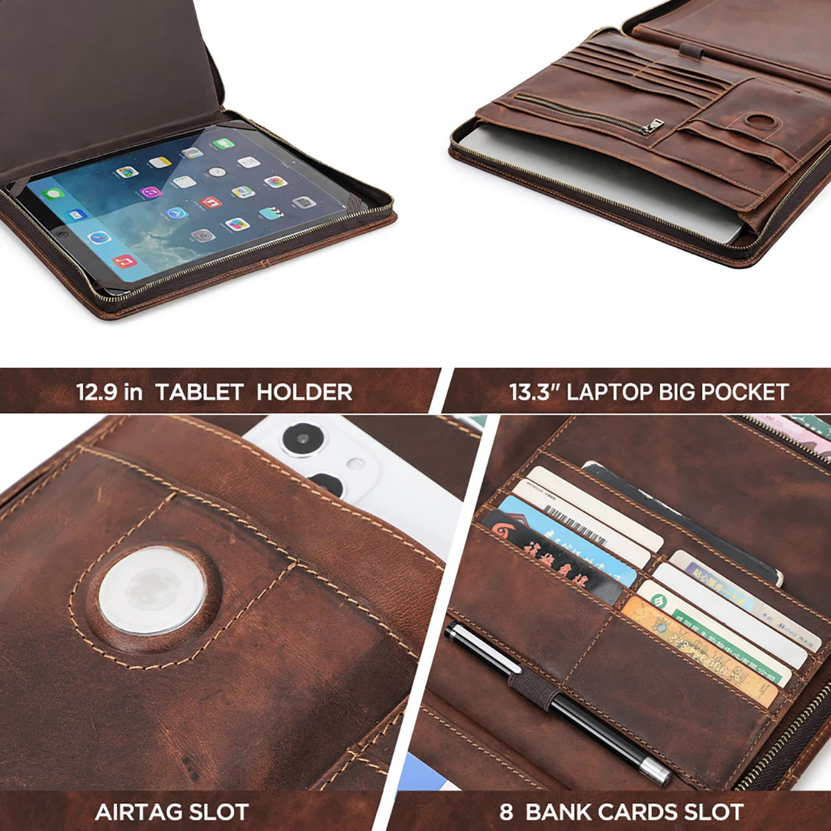 3 Air iPad Pro 13 12.9 Portfolio File Folder Cow Leather Cover Organizer Travel Business Office Document Briefcase 240816CJ
