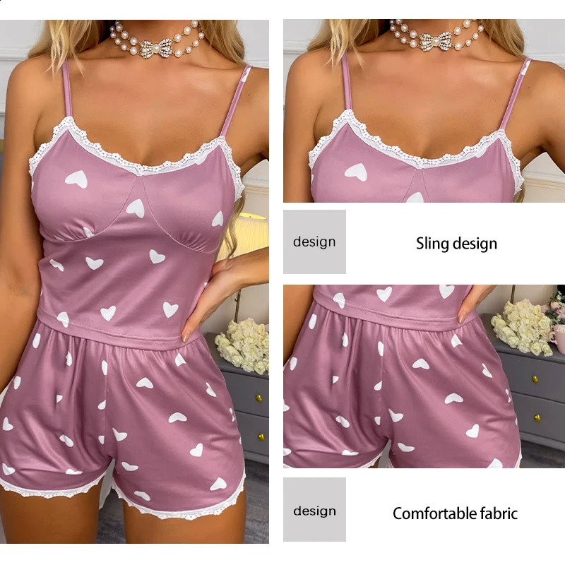 Womens two piece Vneck camisole lace printed top and shorts womens casual pajamas set w240819