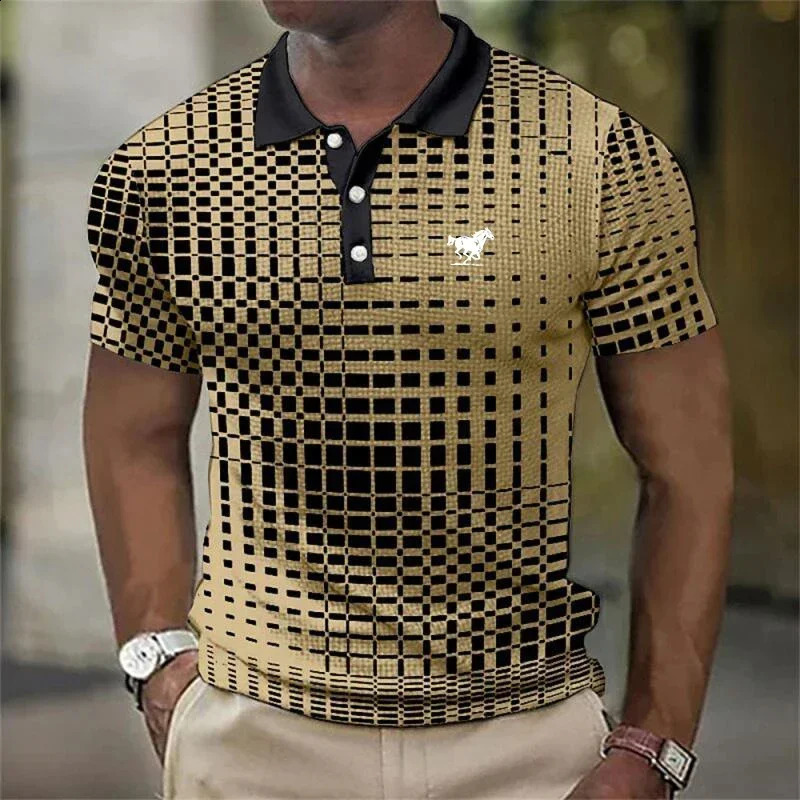 3D Digital Print Stripe Short Sleeve Polo Men Summer Casual Polo Shirt Button Lapel Polo Shirt Golf Polo Shirt Tops 240819
