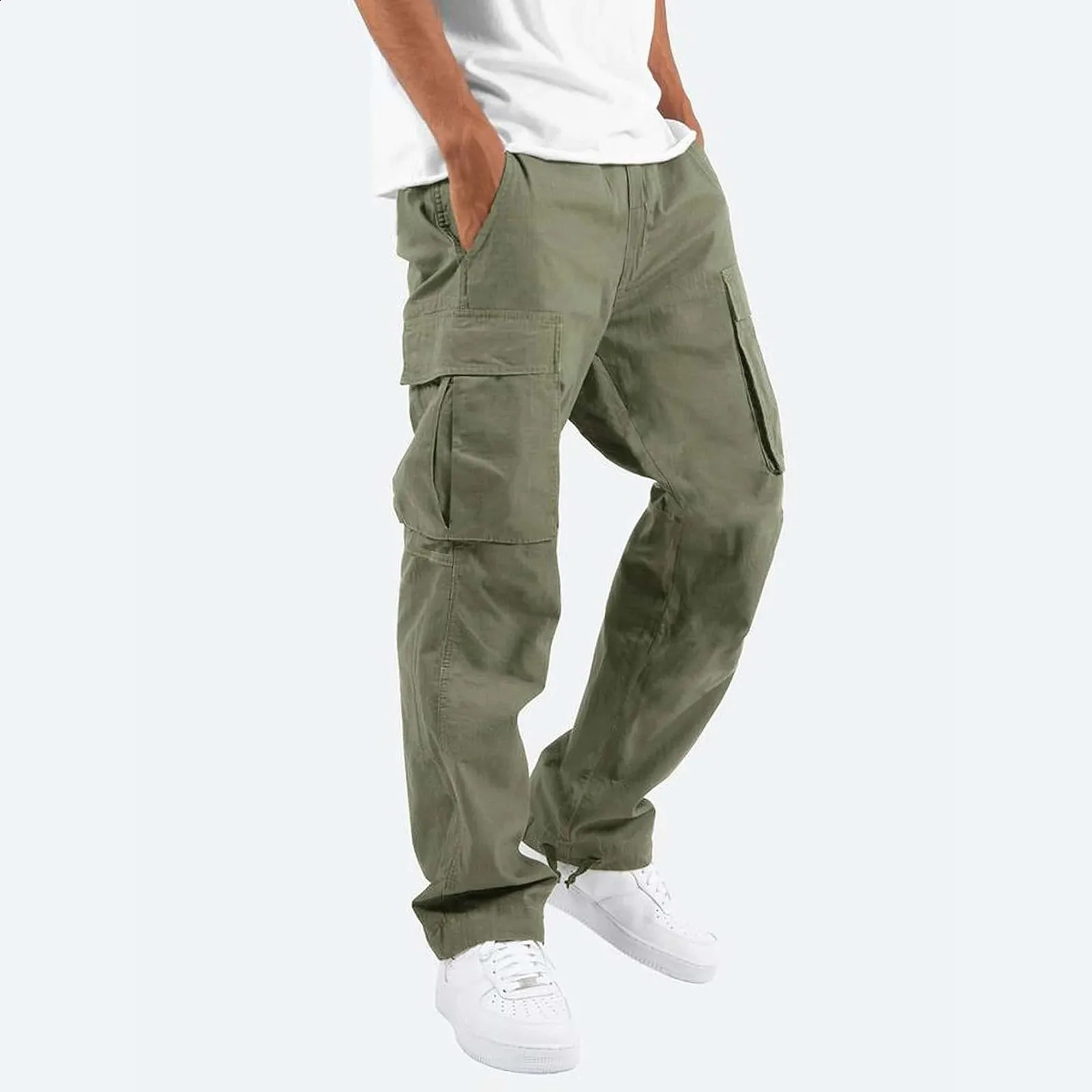 Mens Trousers Casual Slim Fit Cargo Pants Solid Color Pocket Straight Leg Work Long Bottom For Men Baggy Pantalones 240819