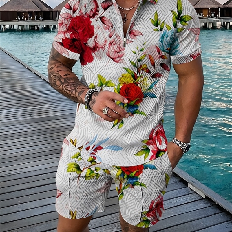 Flower 3D Print Polo Shirts Shorts Sets Mens Fashion Floral Oversized Short Sleeve Shirt Pants Set Suits Man Tracksuit Clothing 240816