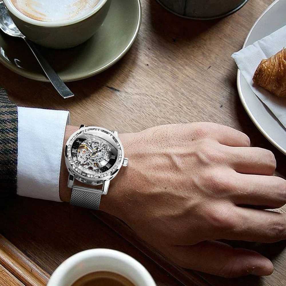 Winners Fashion Carving Skeleton Mens Silver Top Brand Luxury Mechanical Ultra Thin Mesh Str Crystal Neutral Size Clock W250104