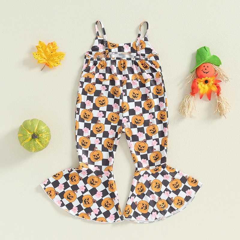 Preschool girl Halloween costume pumpkin bow print bell bottom jumpsuit sleeveless jumpsuit autumn costume 1-5T W240806