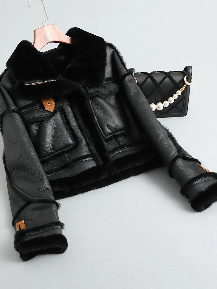 Winter womens real wool leather jacket short motorcycle coat thick warm lining ious natural 240814