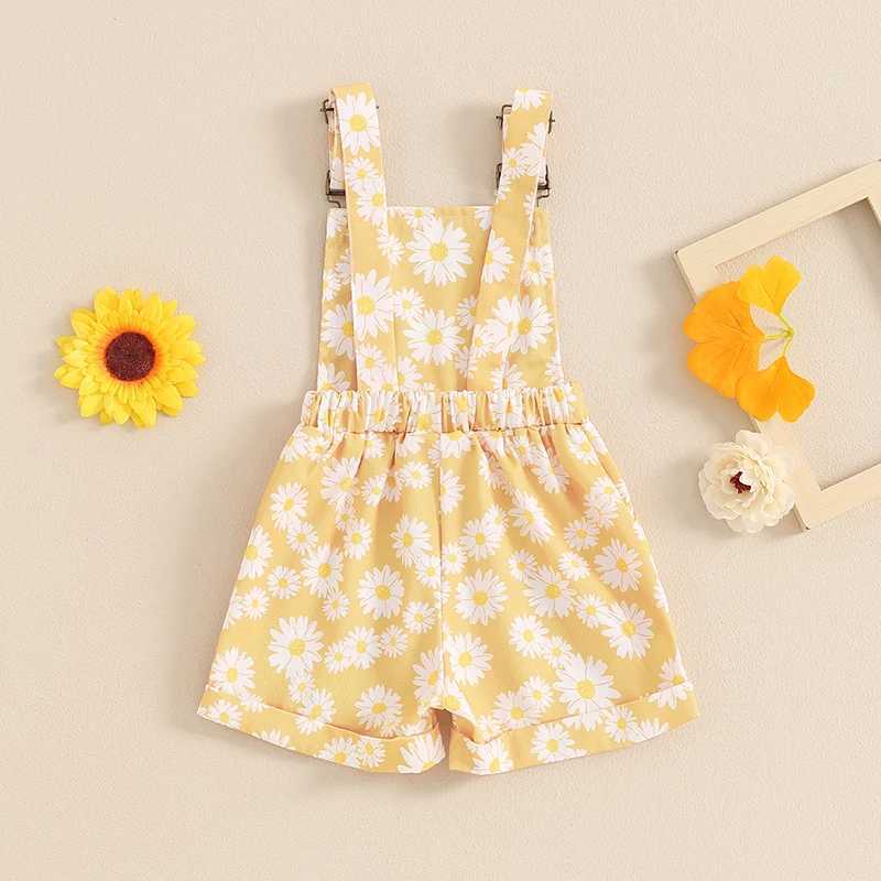 FOCUSNORM 0-6Y Summer Little Girl Full Body Shorts Casual Sunflower Printed Sleeveless Shoulder Strap Button Pocket jumpsuit W240806