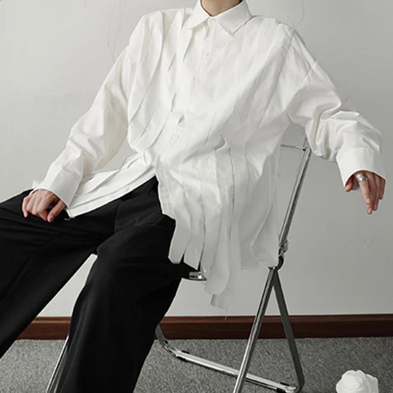 IEFB Large Loose Patchwork Fringed Ribbon Long Sleeve Irregular Shirt Single Breasted Simple Temperament 9A3172 240816