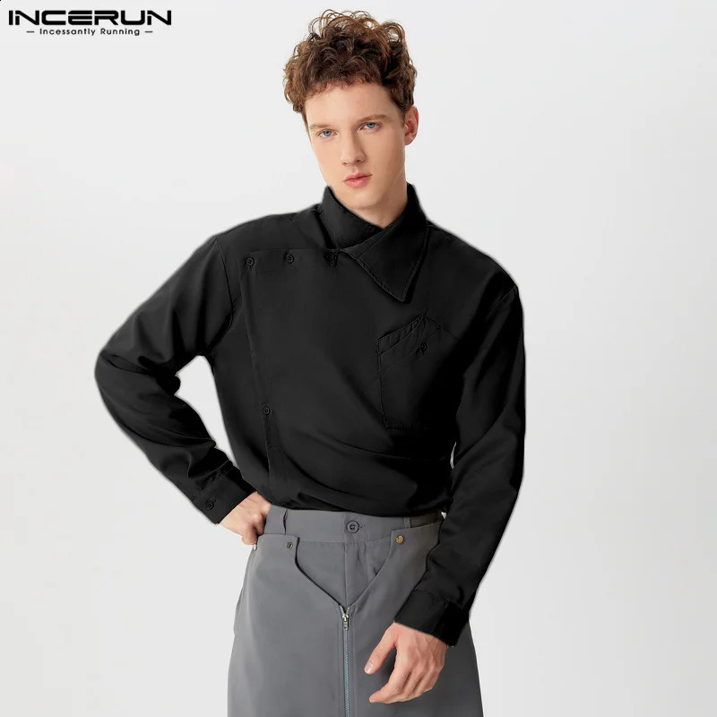 Casual Simple Style Tops INCERUN Mens Diagonal Placket Solid Simple All-matcg Blouse Handsome Male Long Sleeved Shirts S-5XL 240816