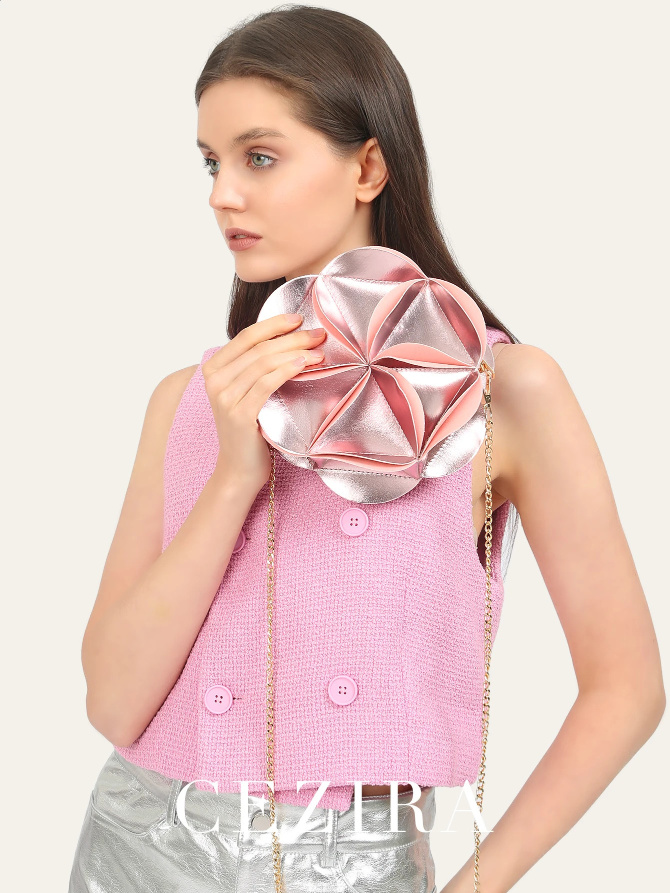 CEZIRA Metal Rose Gold PU Leather Handbag Womens Fashion Pet Stickers Small Round wer Wallet Long Chain Cross Body Bag 240819 zhanyishengli