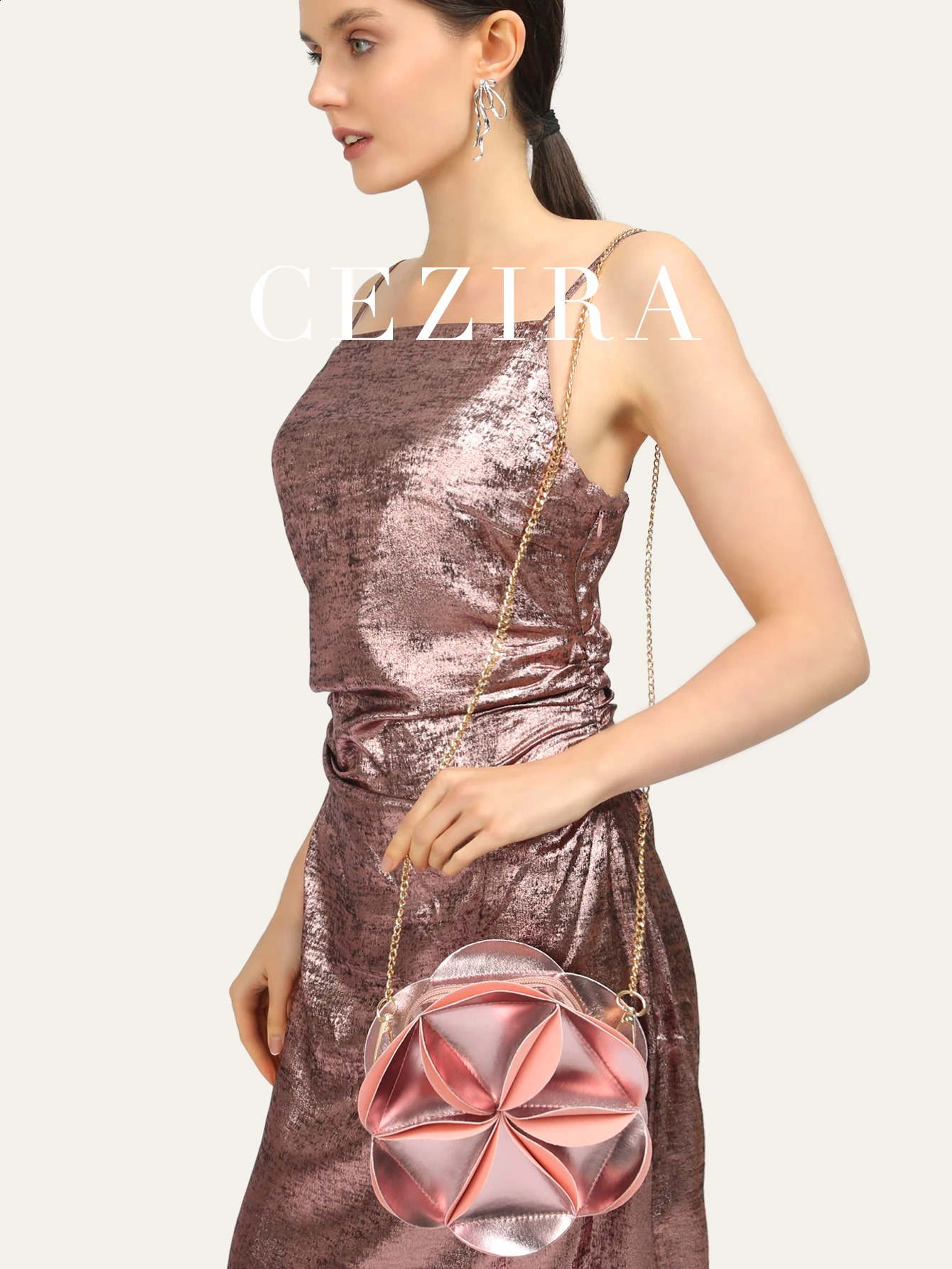 CEZIRA Metal Rose Gold PU Leather Handbag Womens Fashion Pet Stickers Small Round wer Wallet Long Chain Cross Body Bag 240819 zhanyishengli