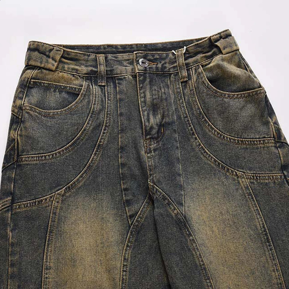 Men Vintage Blue Denim Pants Patchwork Loose Baggy Jeans Retro Straight Jeans Trousers 240816