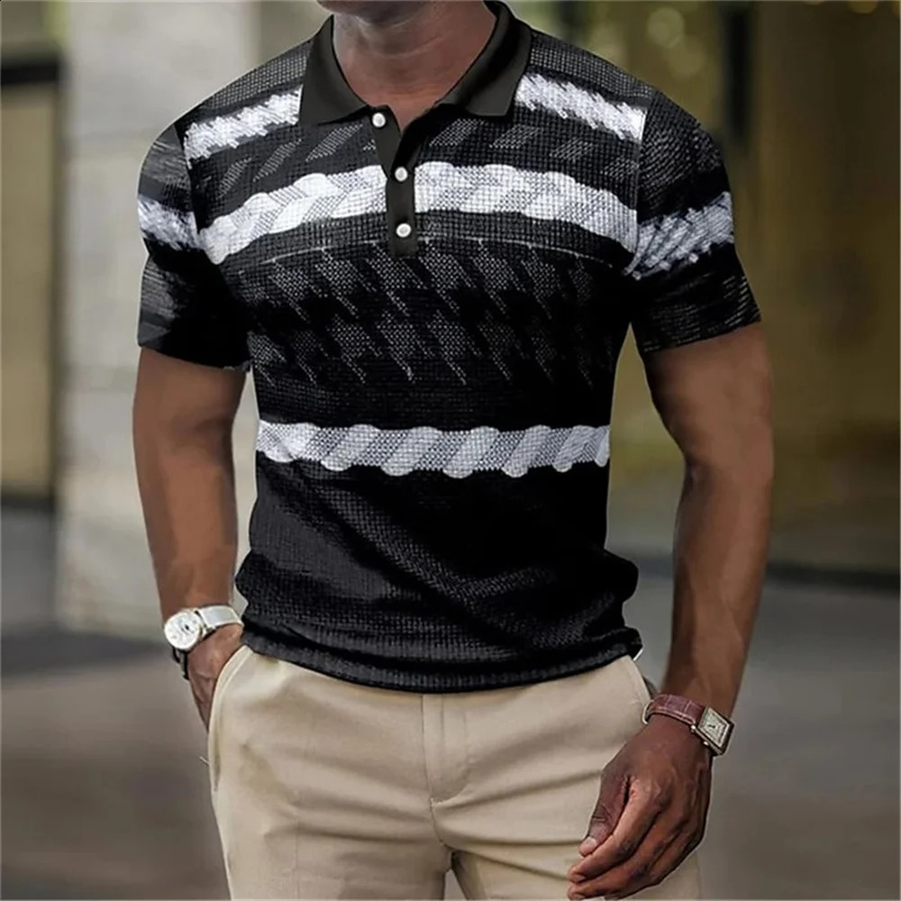 Vintage MenS Polo 3d Stripe Print High-Quality MenS Clothing Loose Oversized Shirt Tops Soft Tees Summer Casual Short Sleeves 240816