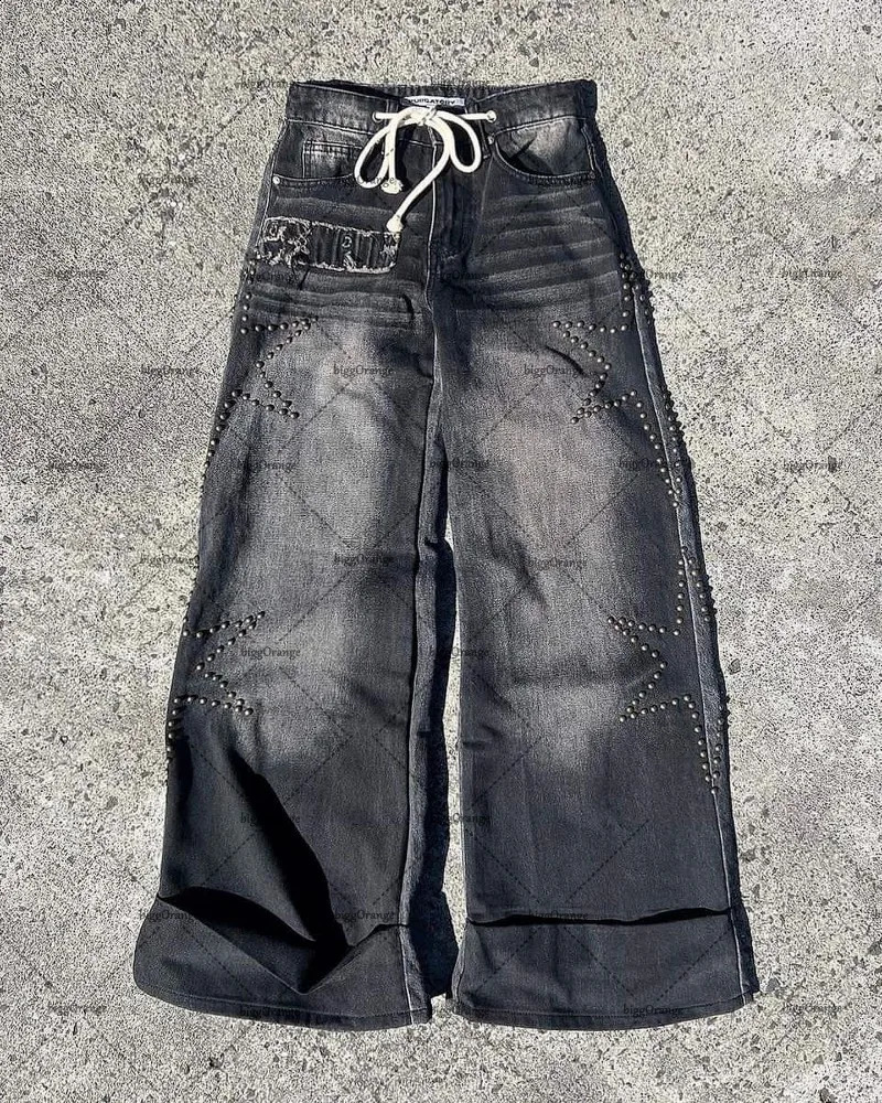 American Style Star Diamond Jeans Mens Y2K High Street Fashion Retro Trousers Casual Loose Wide-leg Pants 240815